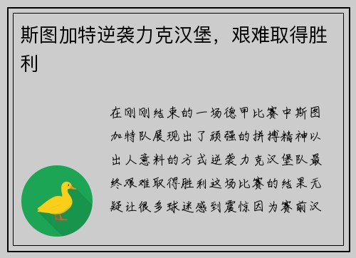 斯图加特逆袭力克汉堡，艰难取得胜利