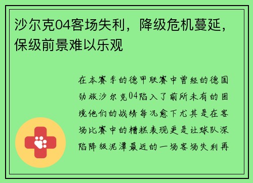 沙尔克04客场失利，降级危机蔓延，保级前景难以乐观